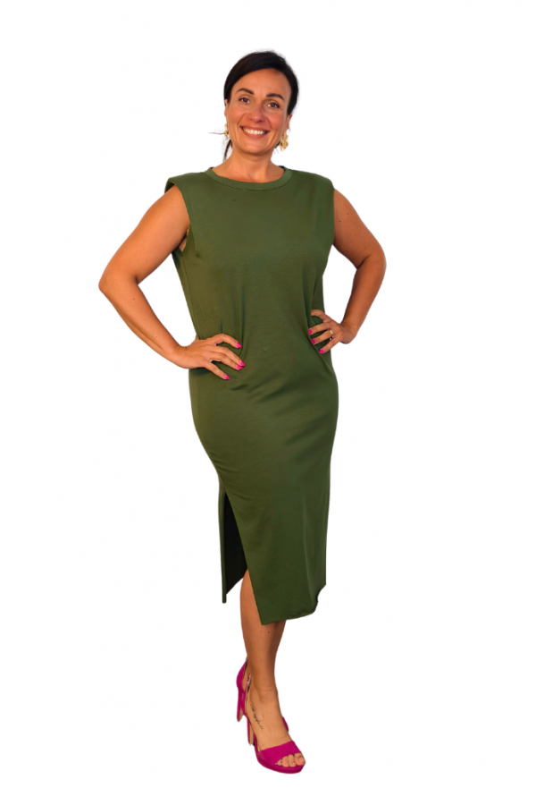 Bavlnené šaty s vypchávkami na pleciach - kaki